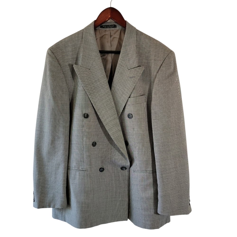 Marco Cellini Gray Houndstooth Double Breasted Blazer Mens Sz 59M Wool Old Money